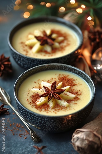 Warm Apple Soup With Spices and Fresh Fruit Served in Black Bowls Against a D...