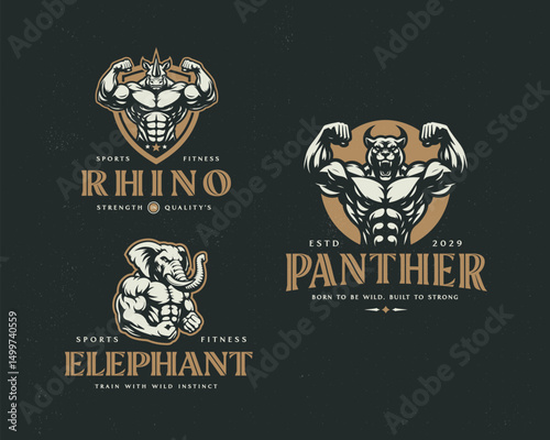 Strong and wild animal lion, rhino, bull, elephant Gaming sport and fitness logo template for company