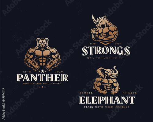 Strong and wild animal lion, rhino, bull, elephant Gaming sport and fitness logo template for company