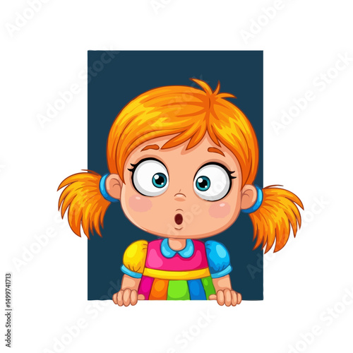  Cartoon amazed curious preschool girl child peeking out from rectangle window, isolated on white background, vector art