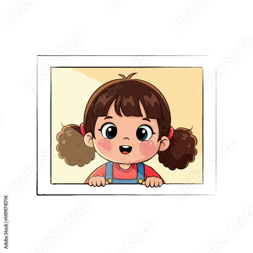 Vector Illustration of Amazed Preschool Girl Cartoon Character Peeking Through Rectangle Window on White Background