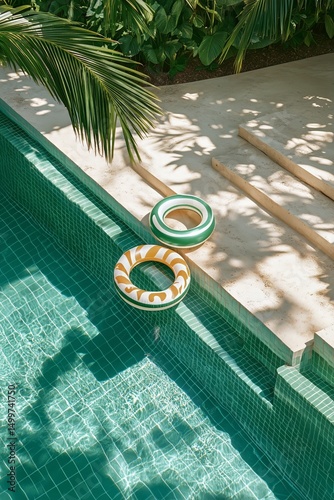 Colorful Pool Floats Rest Beside a Serene Turquoise Pool Surrounded by Lush G...