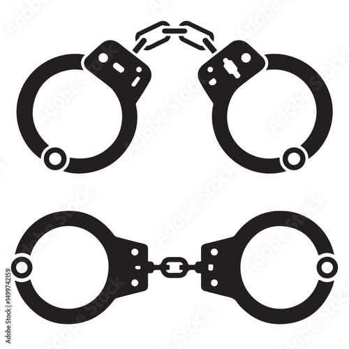 Simple Line Drawing of Metal Handcuffs Illustration, Black icon Handcuffs Illustration silhouettes, set