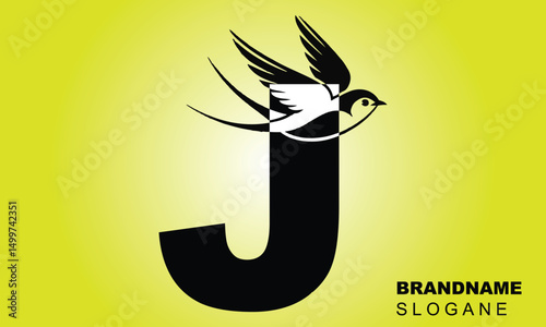 Letter J Flying Bird Logo Template Vector Sign. Dove Bird Logo on Letter J Concept
