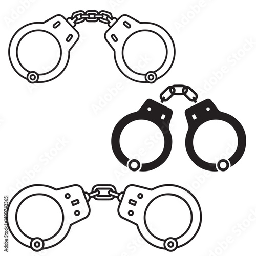 Simple Line Drawing of Metal Handcuffs Illustration, Black icon Handcuffs Illustration silhouettes, set