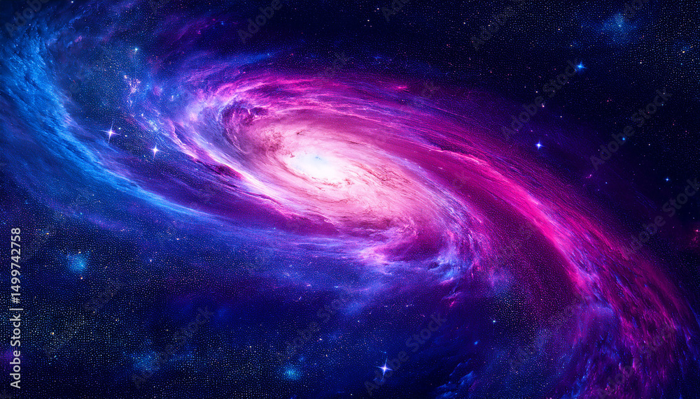 Fototapeta premium Ultra deep space background, glowing nebula with vivid purple, blue and pink colors, swirling galaxy center, sparkling stars and cosmic dust, high contrast, sci-fi atmosphere, photorealistic style.