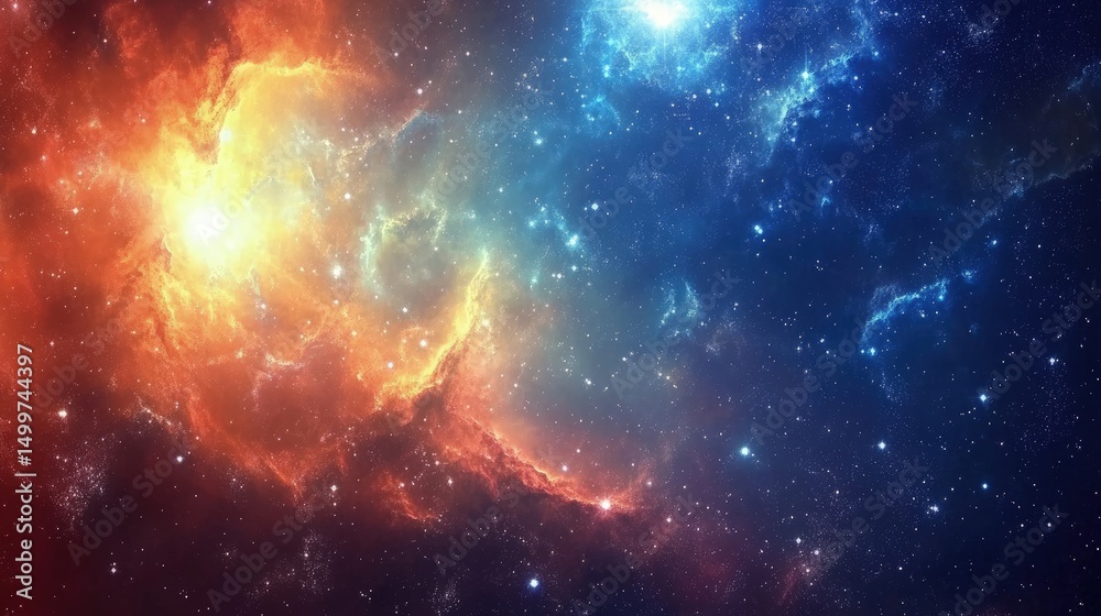 Naklejka premium Fiery orange and cool blue nebulae collide in a cosmic dance of stars and gas