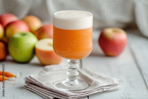 Elegant glass of fresh carrot apple juice with creamy foam on top, set on soft napkins and surrounded by ripe apples. Bright, minimal composition perfect for health, food, or wellness advertising
