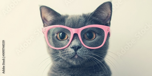 Stylish gray cat wearing pink glasses against minimal light background. Close-up profile view, modern and quirky concept ideal for humor, fashion, or pet-themed designs and ads. Banner