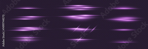 Set of abstract horizontal purple glowing lines. Dynamic movement of rays. Vector illustration in EPS format.