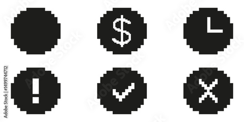 Pixel Art Icon Set Featuring Dollar Sign, Clock, Exclamation Mark, Check Mark, And Cross. Financial, Time Management, Alert, Approval, And Rejection Symbols. Isolated Vector Illustration