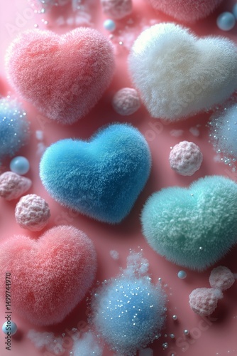 Colorful Fluffy Hearts and Decorative Elements on a Pink Background Create a ...