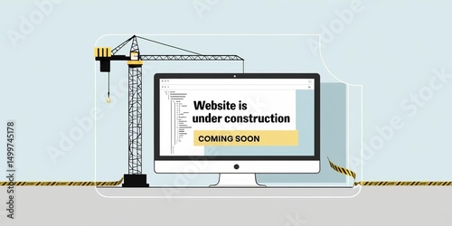 Minimalist illustration of a computer screen with bold text indicating website under construction coming soon