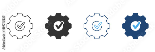 Gear With Checkmark Line And Solid Icon Set. Quality Assurance, System Optimization, And Task Completion Symbol Collection. Process Efficiency And Reliability. Isolated Vector Illustration