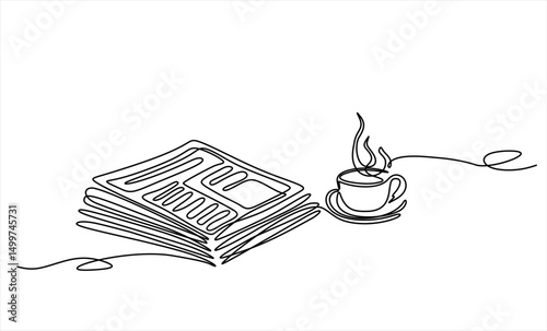 Continuous one line drawing of a stack of news newspapers with cup of coffee. Vector illustration. Editable stroke
