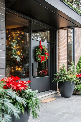 Elegant Christmas Decorations Enhance Modern Home Entrance With Festive Plant...