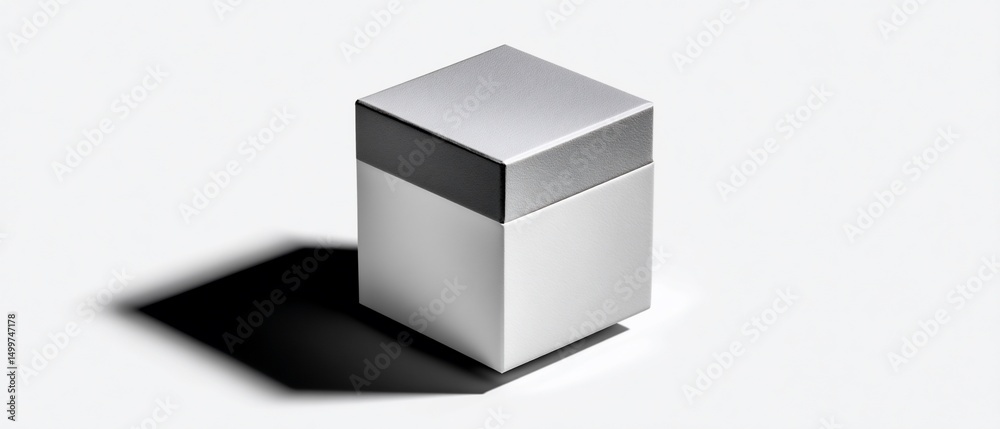 Fototapeta premium Silver cube object with a dark top, casting a shadow on a white background