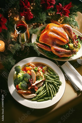 Thanksgiving Feast Featuring a Whole Turkey and Vegetable Sides on a Festive ...