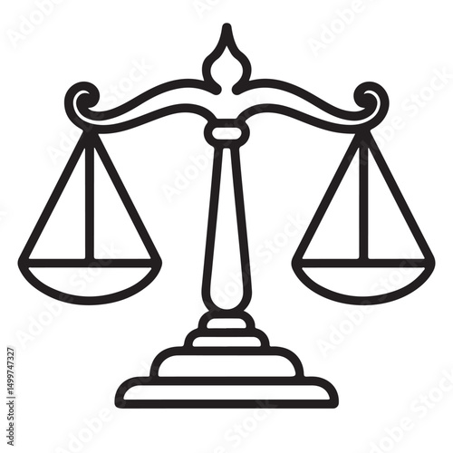 Scales of Justice Line Art Icon Legal Symbol, Black Silhouettes of Scales of Justice set