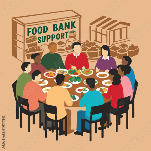 Vector design for National Food Bank Day featuring food package donations, hunger relief infographic, helping hands, and community support through food bank initiatives.