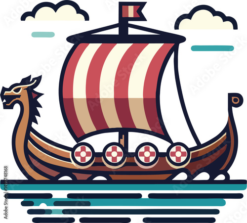 Flat Design Viking Longship Vector with Dragon Head and Red Striped Sail – Norse Boat Illustration for History, Games, and Educational Projects