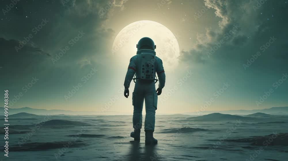 An astronaut strolling across a surreal alien landscape underneath an enormous glowing moon in a breathtaking scene