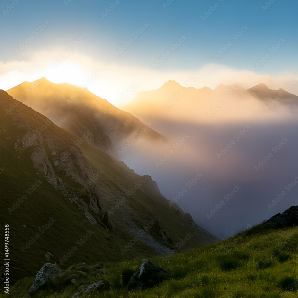 Obraz premium Sunrise Over Foggy Mountain Peaks