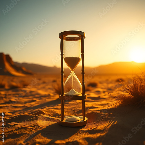 Hourglass stands in the desert illuminated by golden sunlight