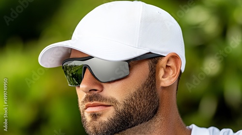 Man is looking off to the side wearing sunglasses and a white cap against a blurred green background.