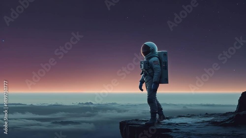Astronaut walks on cliff above the clouds illuminated by twilight sky and starry night atmosphere