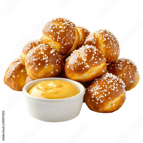 A handful of soft pretzel bites sprinkled with coarse salt, arranged in a casual pile with a cup of mustard sauce, isolated [Transparent Background PNG]