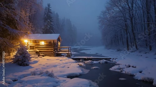 Cozy log cabin scene in a winter wonderland at dusk with a snow covered landscape and illuminated windows