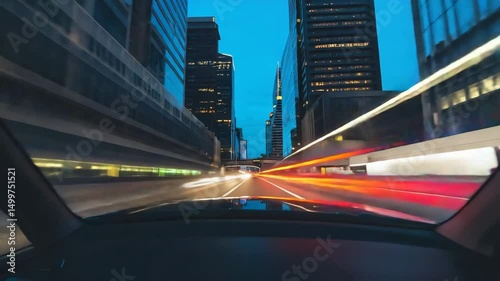 Driving through a modern cityscape at dusk with lights streaking across the asphalt reflecting the urban environment