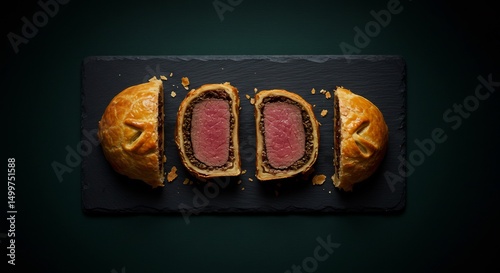 Sliced Beef Wellington on Dark Slate Plate