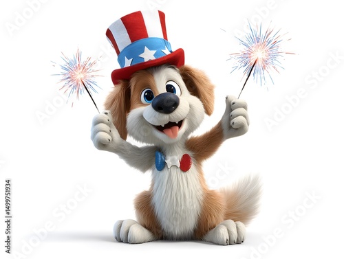 3D Dog with Uncle Sam Hat and Sparklers photo