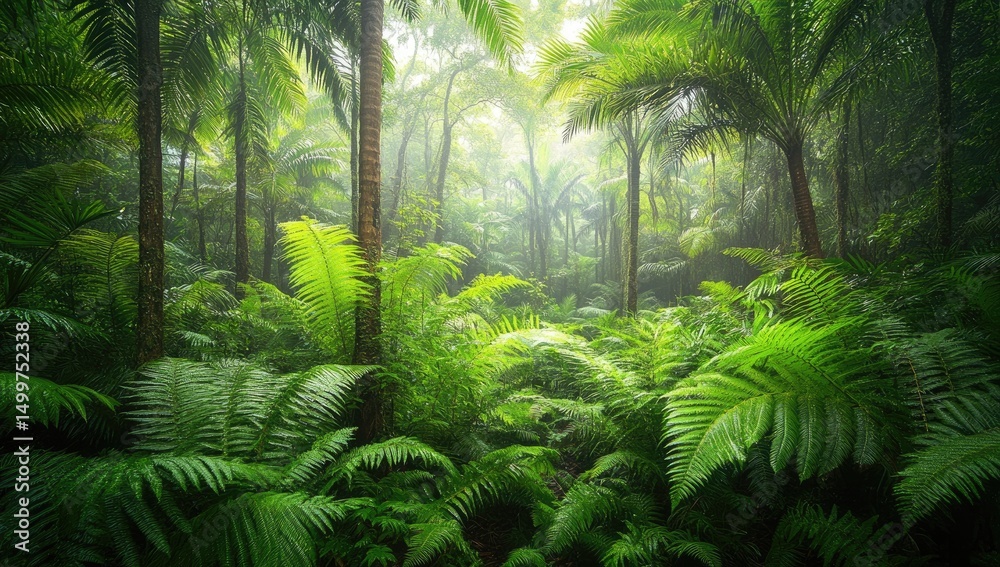 Fototapeta premium Lush, verdant jungle scene, sunlight filtering through dense canopy