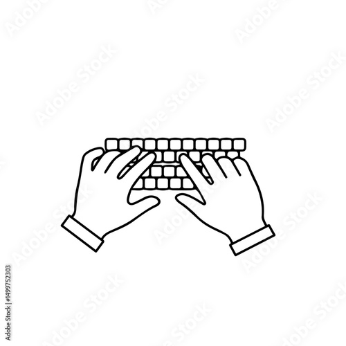 Hands typing on keyboard simple line drawing.  Hands positioned above keyboard keys showing fingers ready to type. Simple clean design ideal for school website design or educational materials. Perfect