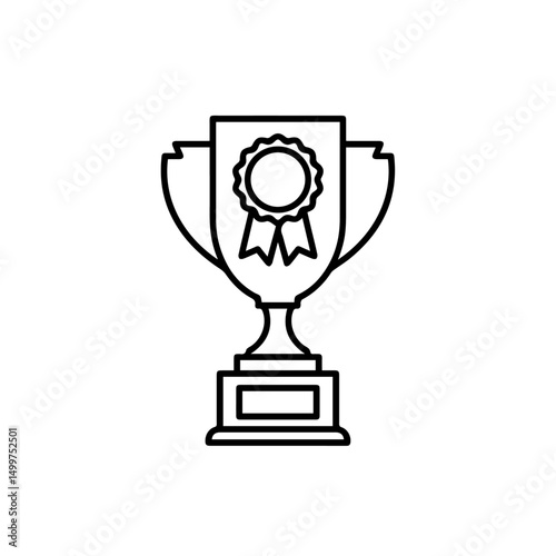 Award trophy with ribbon and plaque. Golden trophy symbolizes success and achievement. Winning trophy perfect for school awards ceremony posters.