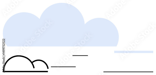 Blue cloud with stylized black and blue horizontal lines representing ground and horizon. Ideal for weather, tranquility, minimalism, nature, simplicity, environment, abstract design. Flat simple