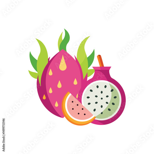 Flat and Minimal dragon fruit slices, juice icon vector illustration isolated on white background