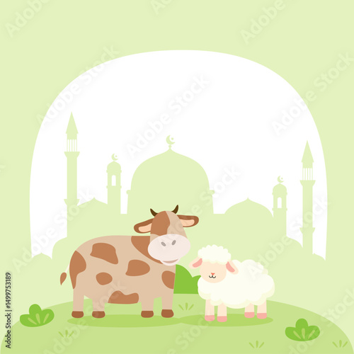 74.	Eid al adha mubarak. Cute cow and sheep illustration. islamic festival template for social media banner and wallpaper