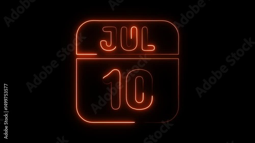 Glowing neon 10 july icon isolated on black background.a neon sign with a calendar that says 