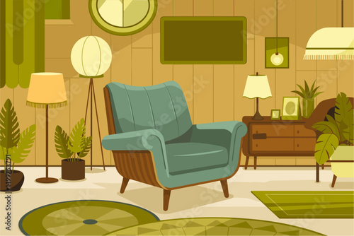 Mid century modern living room with a green chair and a clock on the wall. The room is decorated with plants and has a green rug