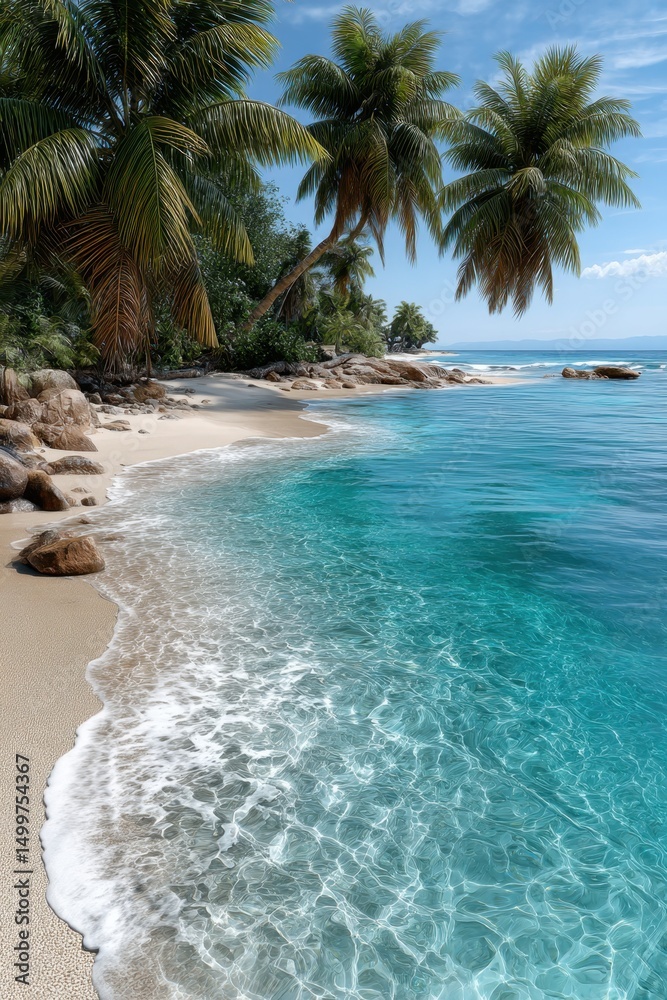 Obraz premium Pristine tropical beach with palm trees and turquoise waters on a sunny day
