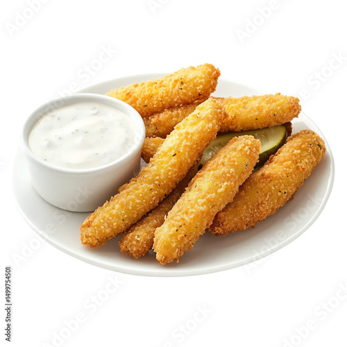 A serving of breaded and fried pickle spears with ranch dipping sauce, isolated [Transparent Background PNG].
