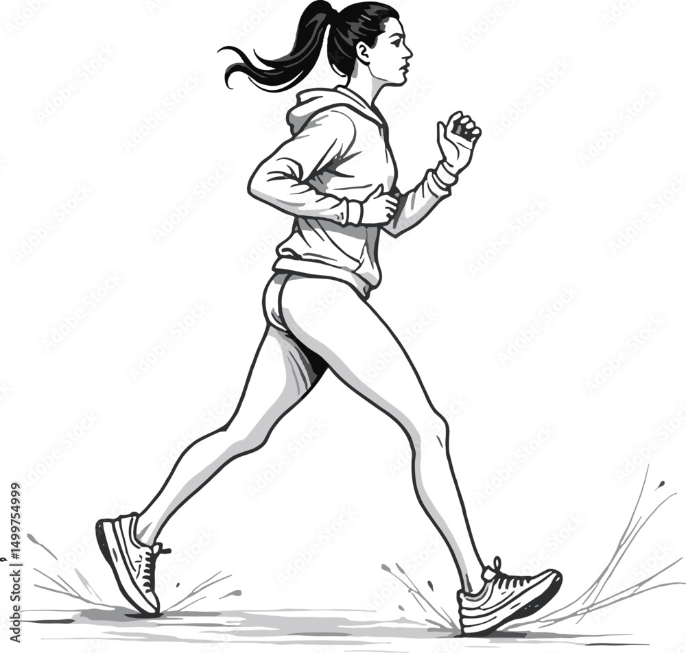 Fototapeta premium Dynamic black and white sketch of athletic woman running in hoodie and shorts with ground splashes. Perfect for health or sports themes
