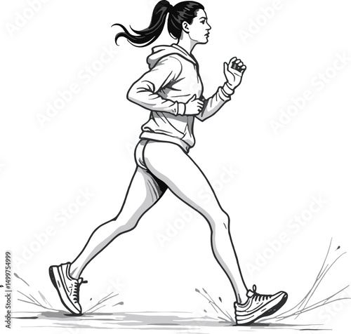 Dynamic black and white sketch of athletic woman running in hoodie and shorts with ground splashes. Perfect for health or sports themes