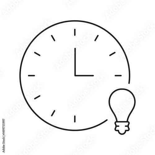 Clock With Light Bulb Line Icon. Time Management And Creative Thinking Outline Symbol. Innovation And Productivity Concept. Editable Stroke. Isolated Vector Illustration