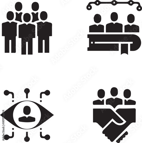 Teamwork Icons: A set of four distinct icons symbolizing teamwork, collaboration, networking, and leadership in a business context.  The simple.