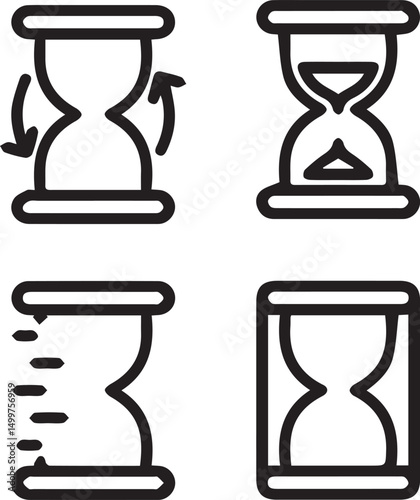 Timeless Symbols of Time: A collection of stylized illustrations showcasing a variety of hourglass designs, symbolizing time, passage, and deadlines.